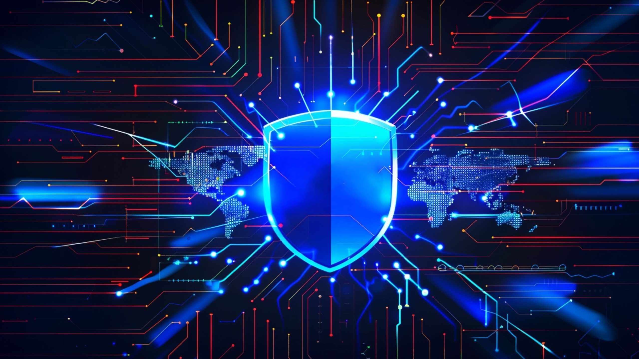 A glowing blue shield with a digital world map and colorful circuitry, symbolizing cybersecurity and global data protection.