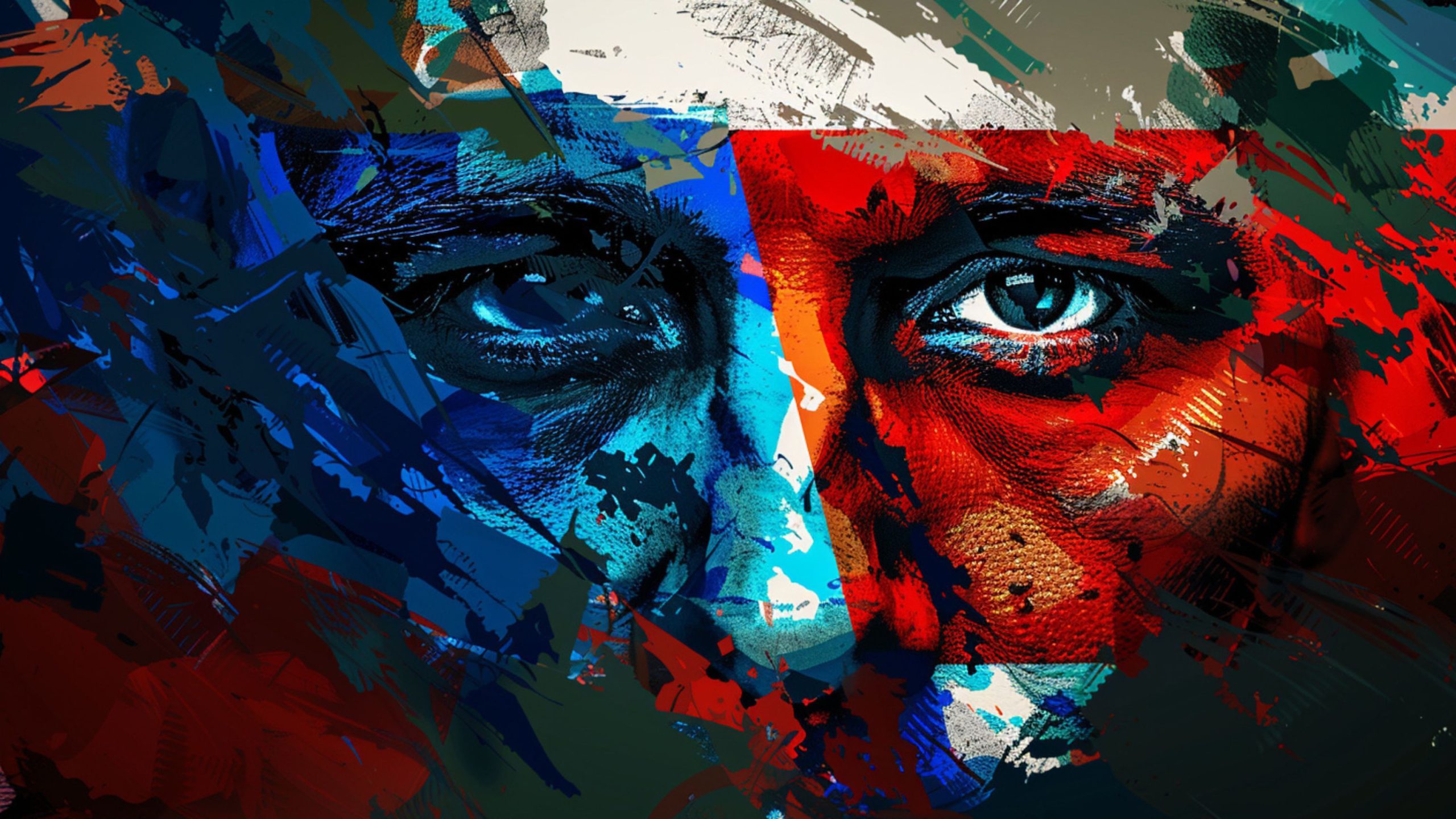 A colorful abstract painting featuring two human eyes, with the left side predominantly in blue tones and the right side in red tones, creating a dramatic contrast.