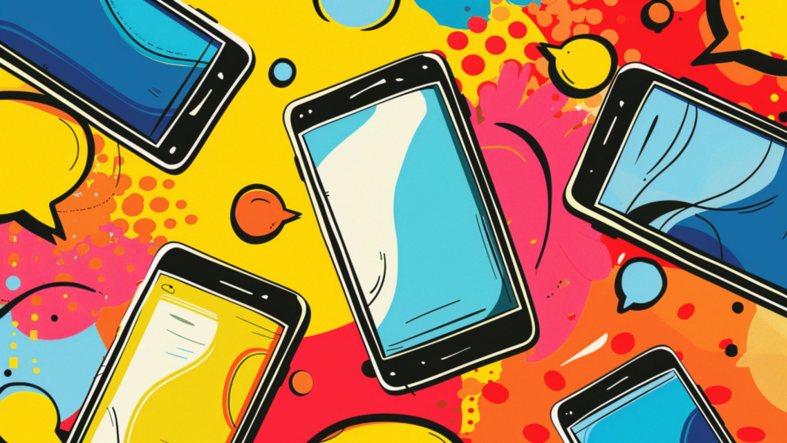 Colorful illustration of multiple smartphones with abstract screens scattered over a vibrant background featuring speech bubbles and various bright colors like yellow, red, pink, and blue.