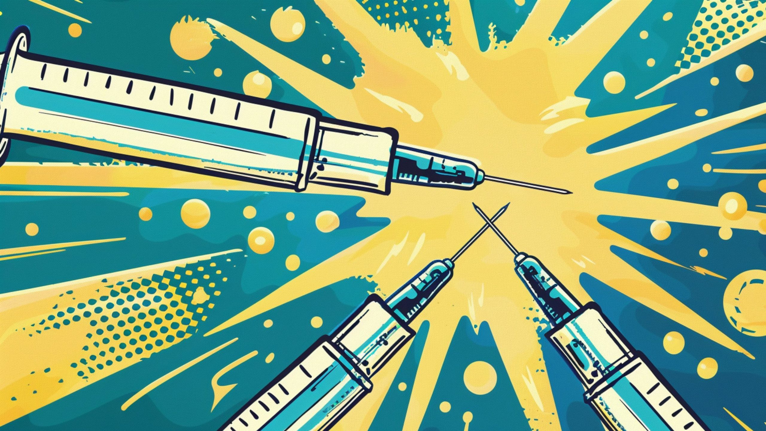 Illustration of three syringe needles converging at the center against a vibrant background with yellow bursts and blue-green patterns.