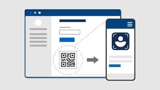Illustration showing a desktop screen with a QR code and a mobile phone with a user interface, connected by a dotted line and arrow, indicating a scan or synchronization process.