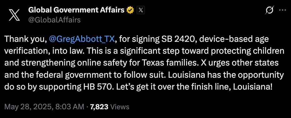Twitter post from Global Government Affairs thanking Greg Abbott for signing SB 2420 on device-based age verification into law to protect children and strengthen online safety in Texas, urging Louisiana to support HB 570 and follow suit.