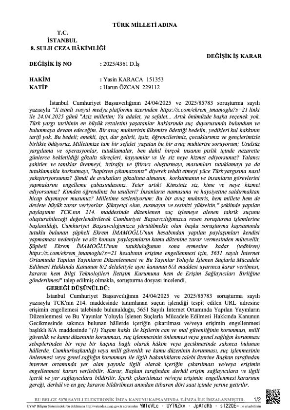 First page of a legal document from Istanbul 8th Criminal Court of Peace dated 2025, addressing a change in a legal decision related to social media platform content removal at the request of the Istanbul Chief Public Prosecutor's Office, involving the user Ekrem İmamoğlu and Internet access regulations under Turkish law.