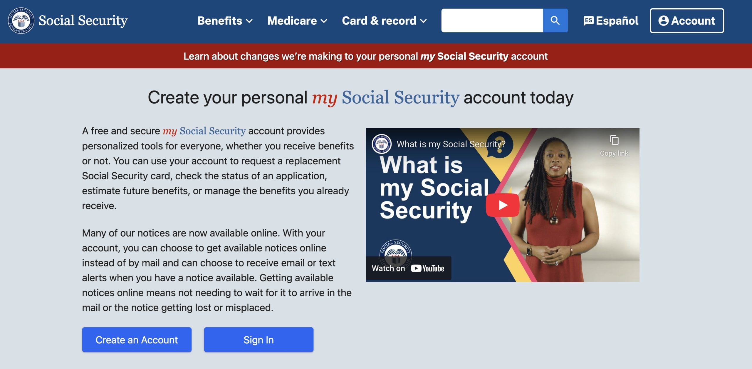 Screenshot of the Social Security website page prompting users to create a personal my Social Security account with information about benefits and notices, featuring a woman in a red sleeveless top in an embedded video titled 'What is my Social Security?'