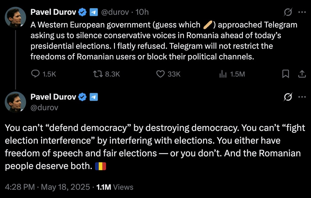 Two tweets from Pavel Durov discussing a Western European government requesting Telegram to silence conservative voices in Romania ahead of presidential elections, which he refused, emphasizing the importance of freedom of speech and fair elections for the Romanian people, accompanied by a Romanian flag emoji, posted on May 18, 2025.