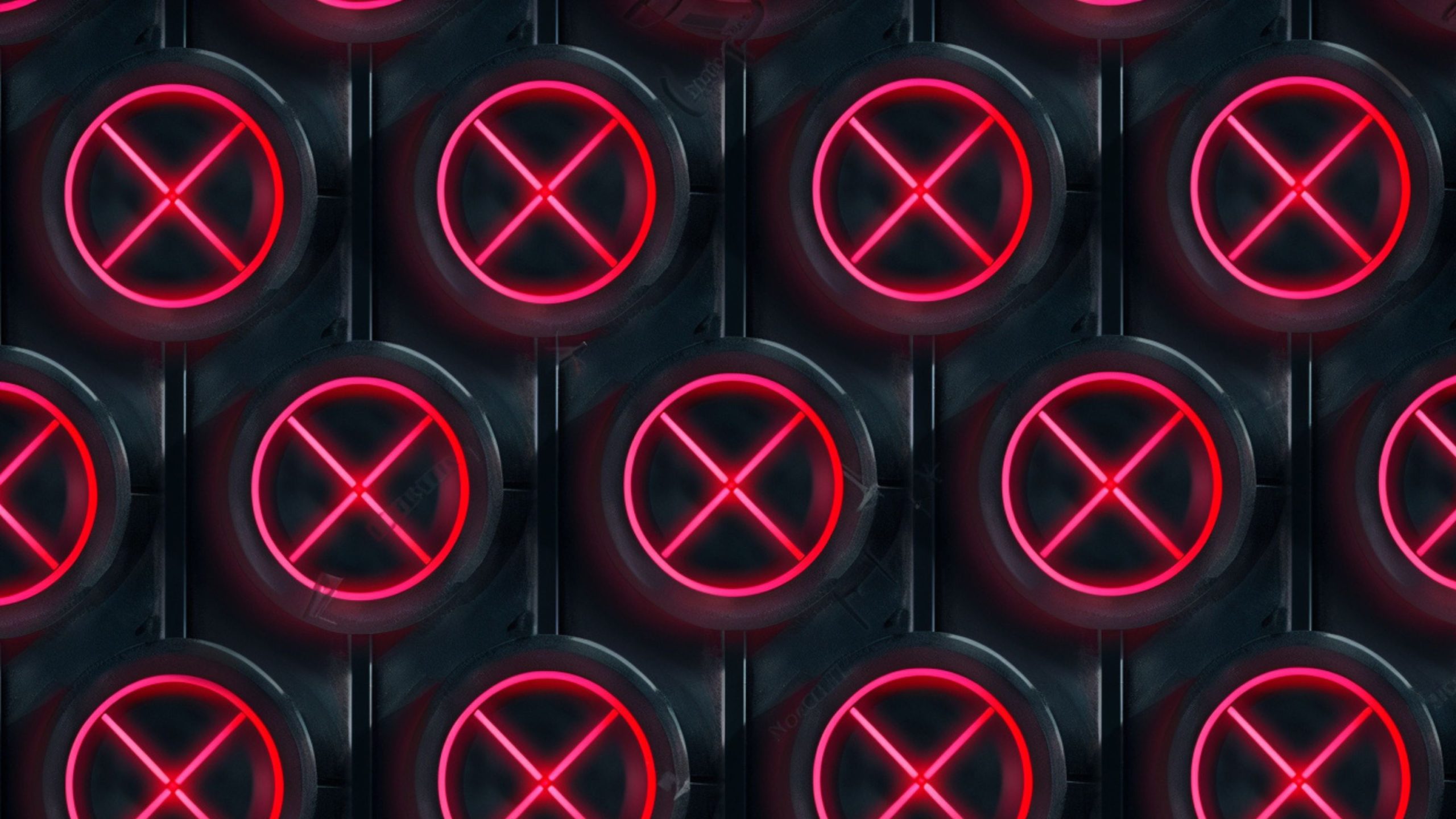 Close-up pattern of black circular valves with glowing red X-shaped neon lights arranged in rows.