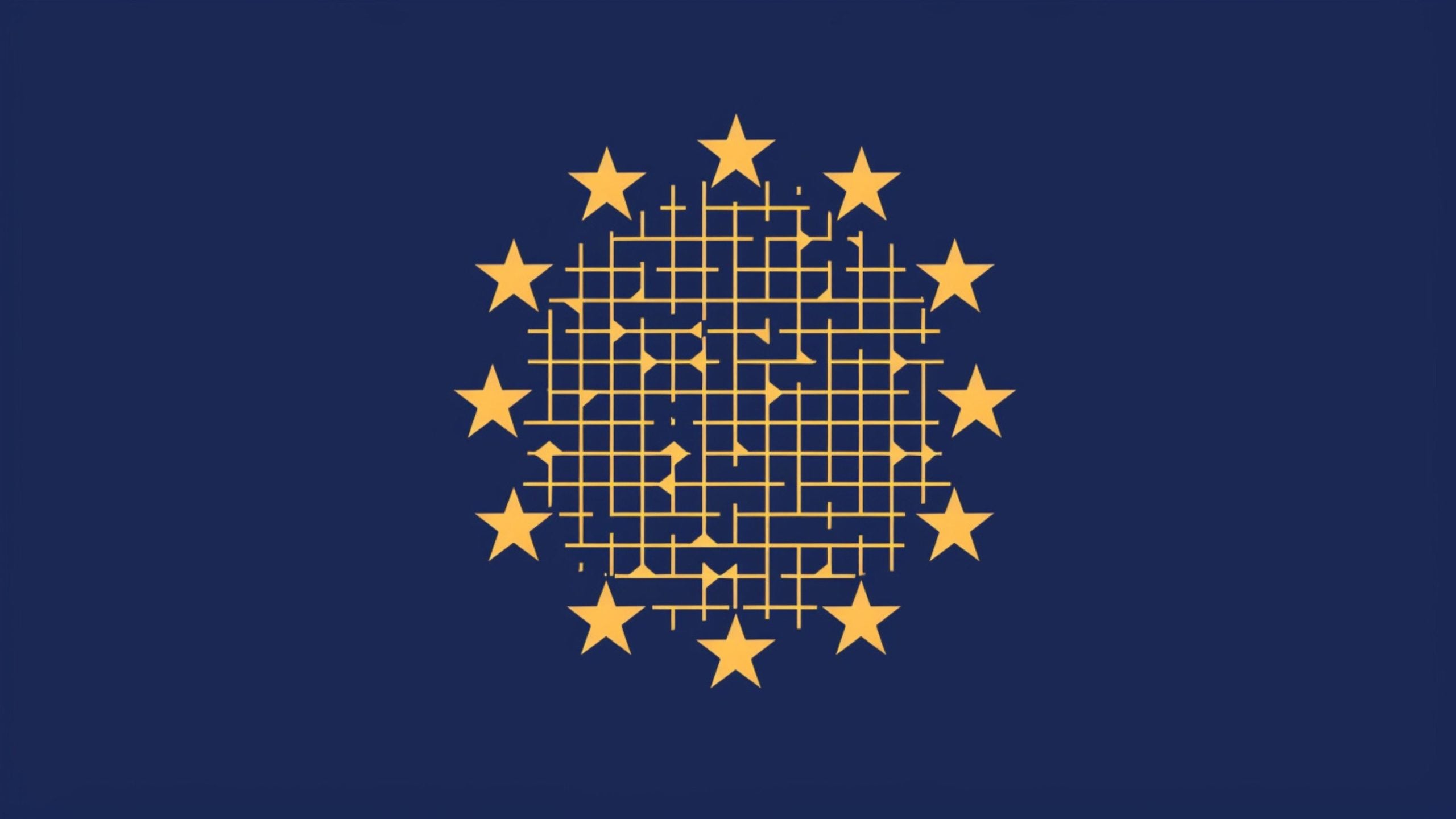 A blue background with twelve yellow stars arranged in a circle, containing a complex grid pattern inside the circle formed by the stars.