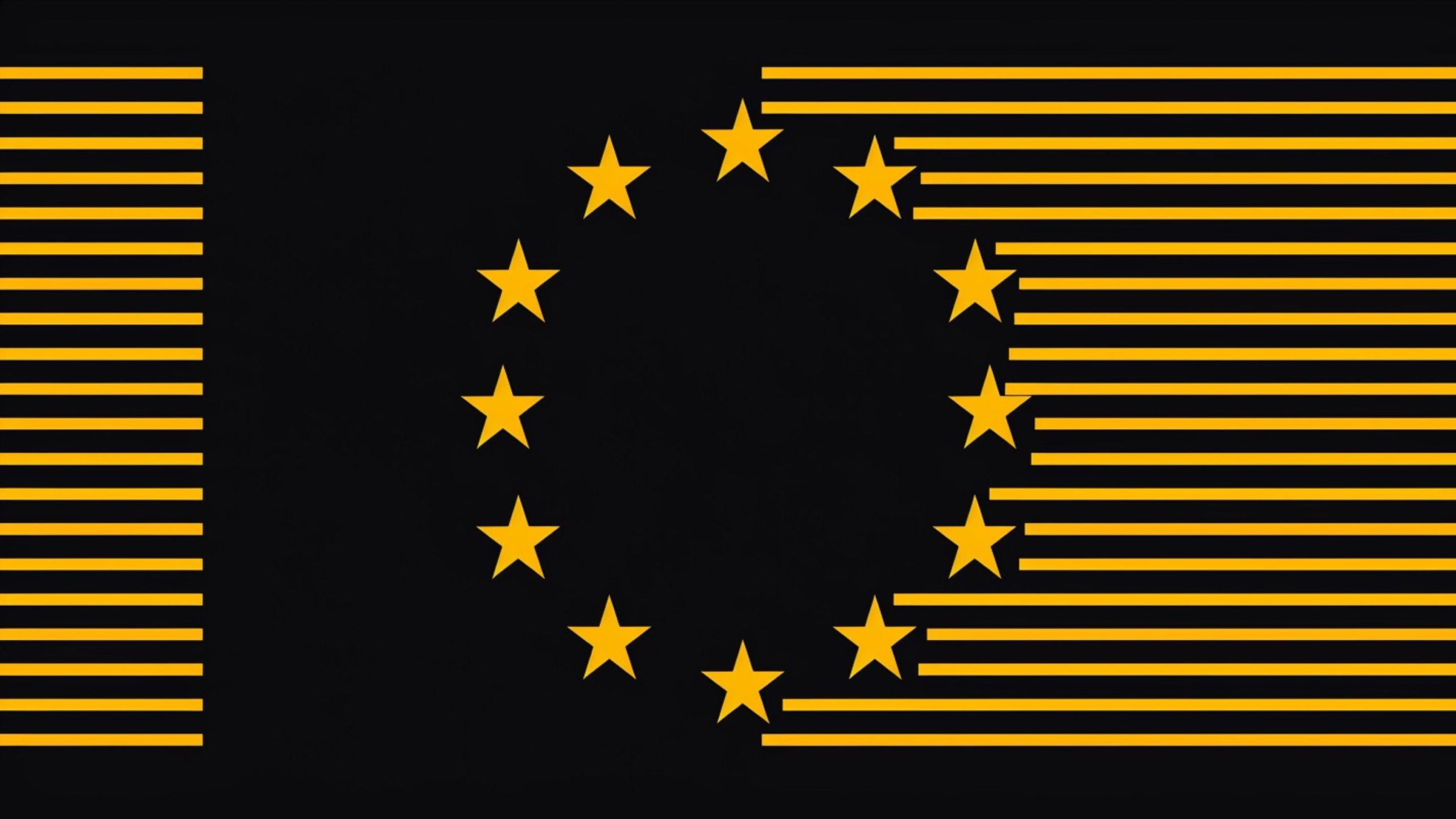 Yellow stars arranged in a circle with yellow horizontal lines extending from the right and left sides on a black background, resembling a stylized European Union flag with a graphic effect.