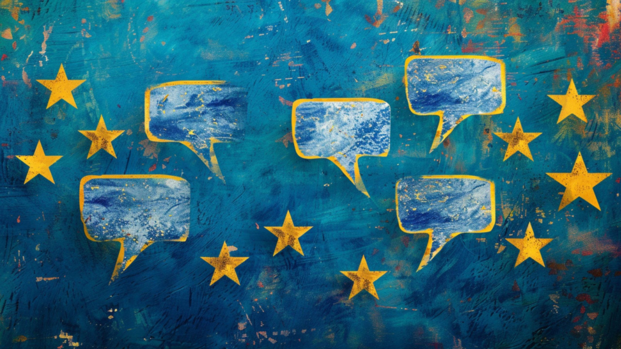 Blue background with yellow stars arranged in a circle and five blue speech bubbles with yellow outlines inside the circle, symbolizing communication within the European Union.