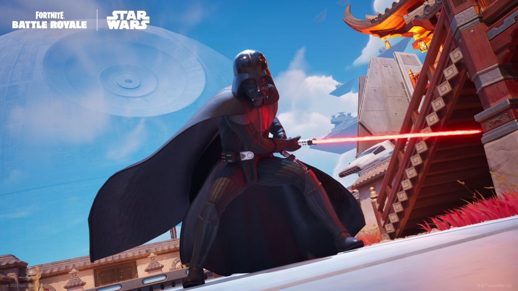 Character dressed as Darth Vader wielding a red lightsaber in a Fortnite Battle Royale Star Wars crossover setting with a large Death Star in the sky and futuristic ships flying near traditional-style buildings.
