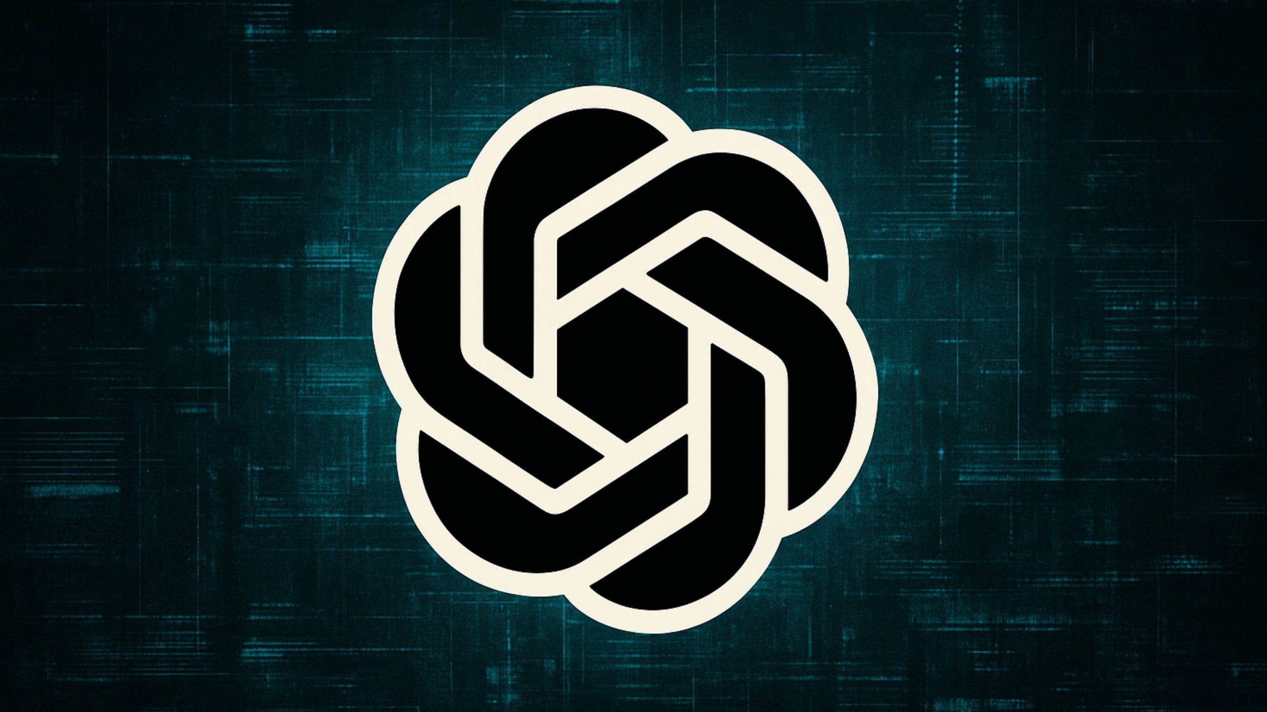 Black and white stylized interconnected geometric shape forming a flower with a hexagon center on a textured dark teal background