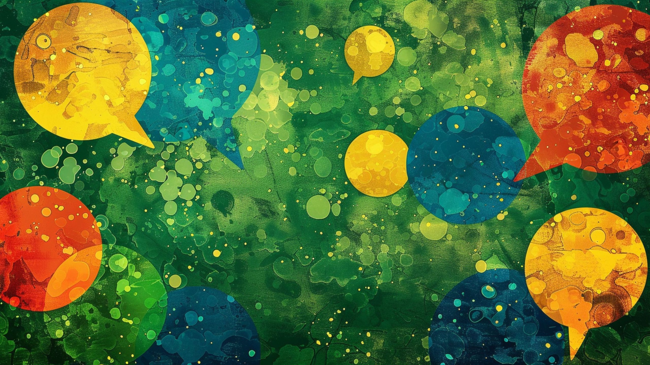 Abstract composition of overlapping colorful speech bubbles in yellow, red, green, and blue on a textured green background with scattered circular patterns resembling bubbles or droplets.