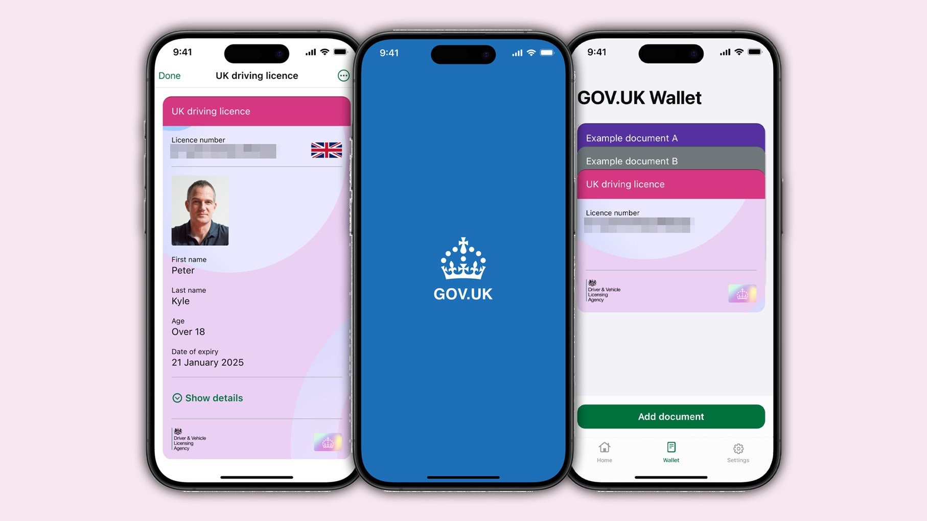 Three smartphones displaying digital UK driving licence and GOV.UK Wallet app screens, showing personal driving licence details, app homepage, and document list interface.