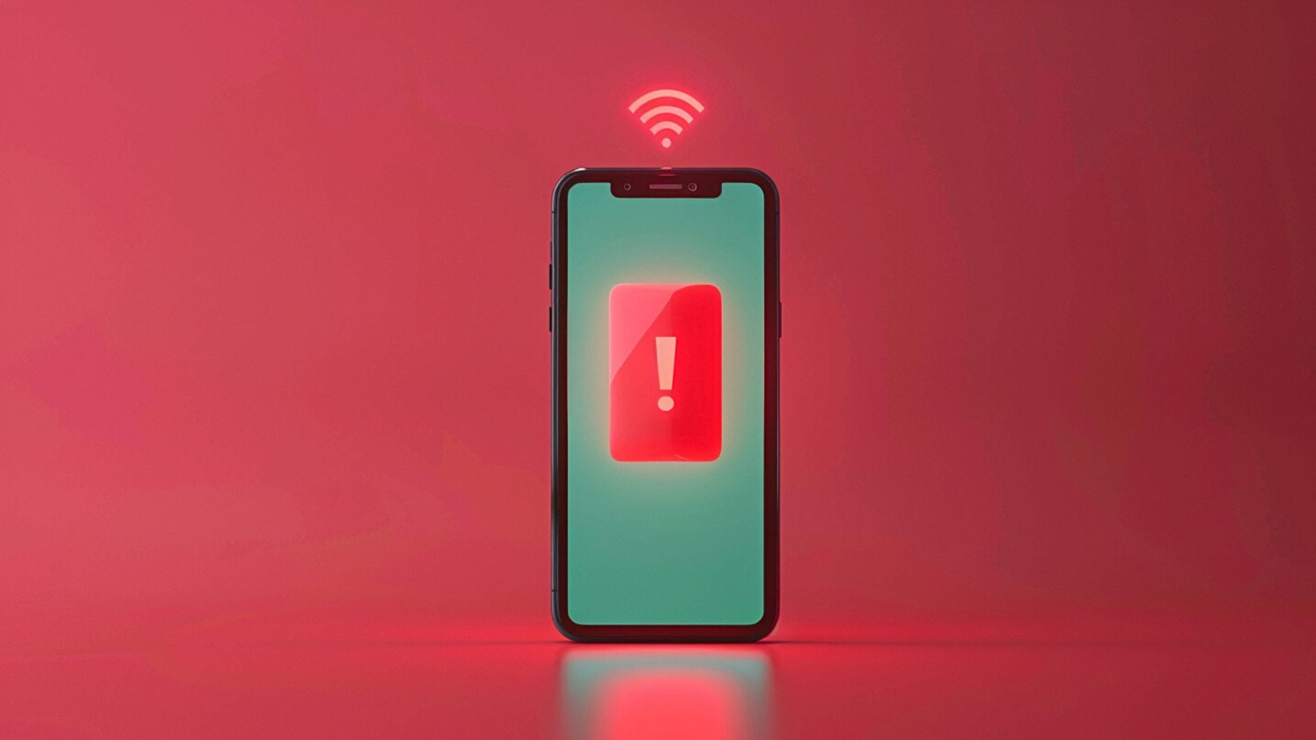 Smartphone with a glowing red exclamation mark on the screen and a Wi-Fi symbol above it, set against a red background, indicating a network or connectivity issue.