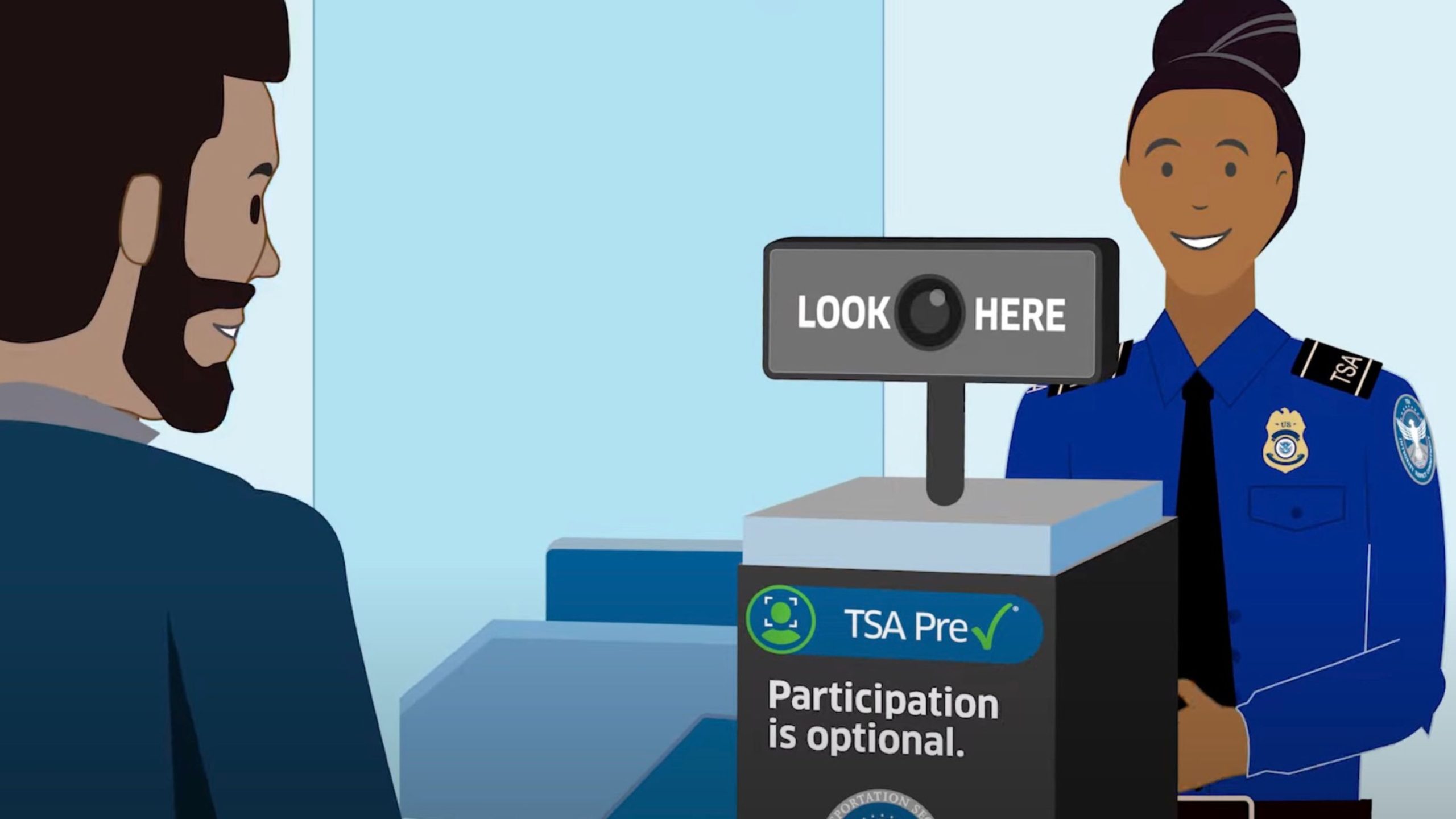 Illustration of a TSA officer smiling next to a TSA PreCheck scanning device that says LOOK HERE and Participation is optional, with a man standing nearby.