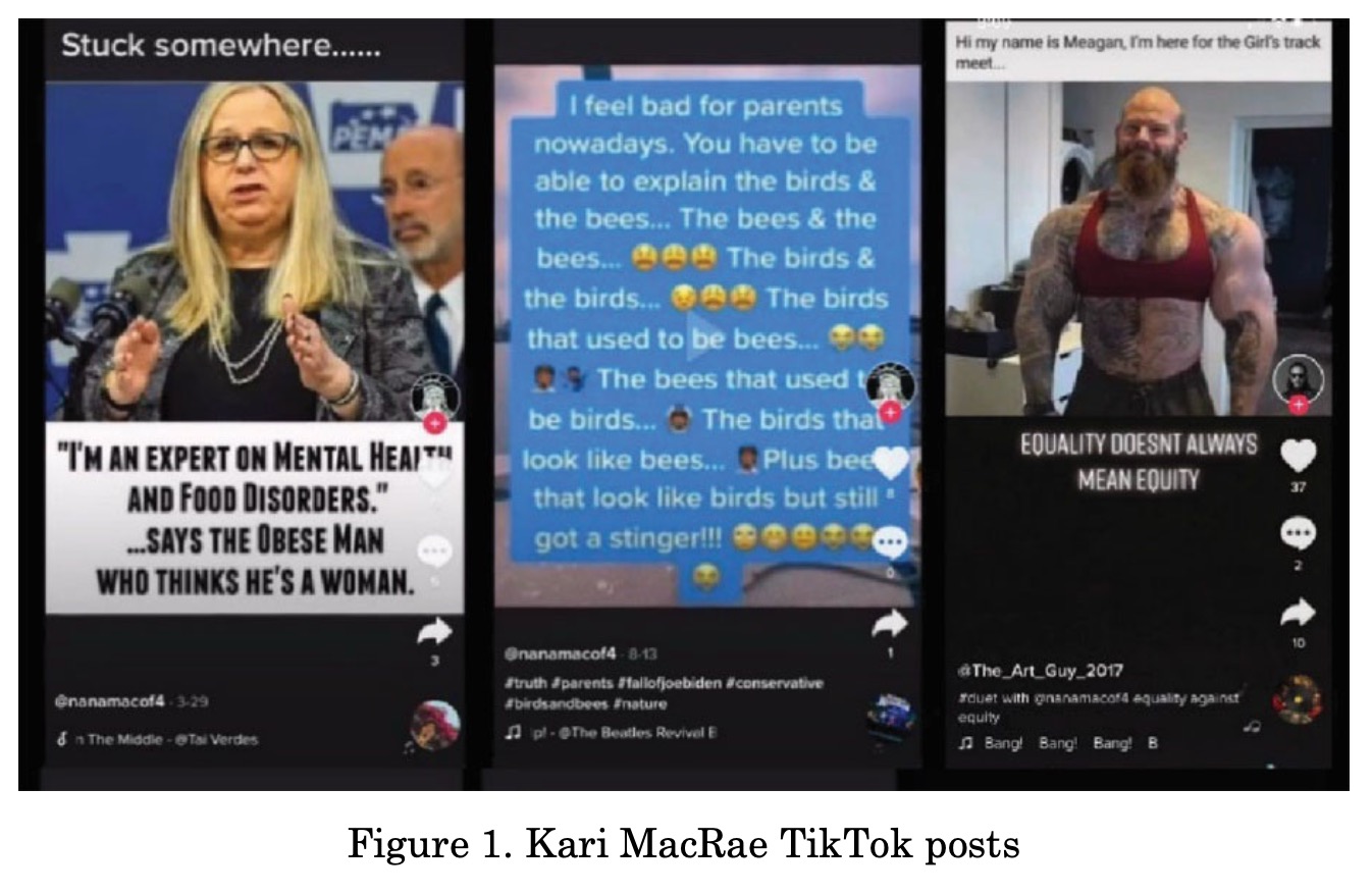 Three TikTok posts with political and social commentary: left shows a transgender woman speaking with caption quoting 'I'm an expert on mental health and food disorders' as said by an obese man who thinks he is a woman; center shows text expressing confusion about explaining the birds and the bees, mixing metaphors with emojis; right shows a muscular bearded man with tattoos wearing a red crop top with caption 'Hi my name is Meagan, I'm here for the girl's track meet' and text 'Equality doesn't always mean equity'.