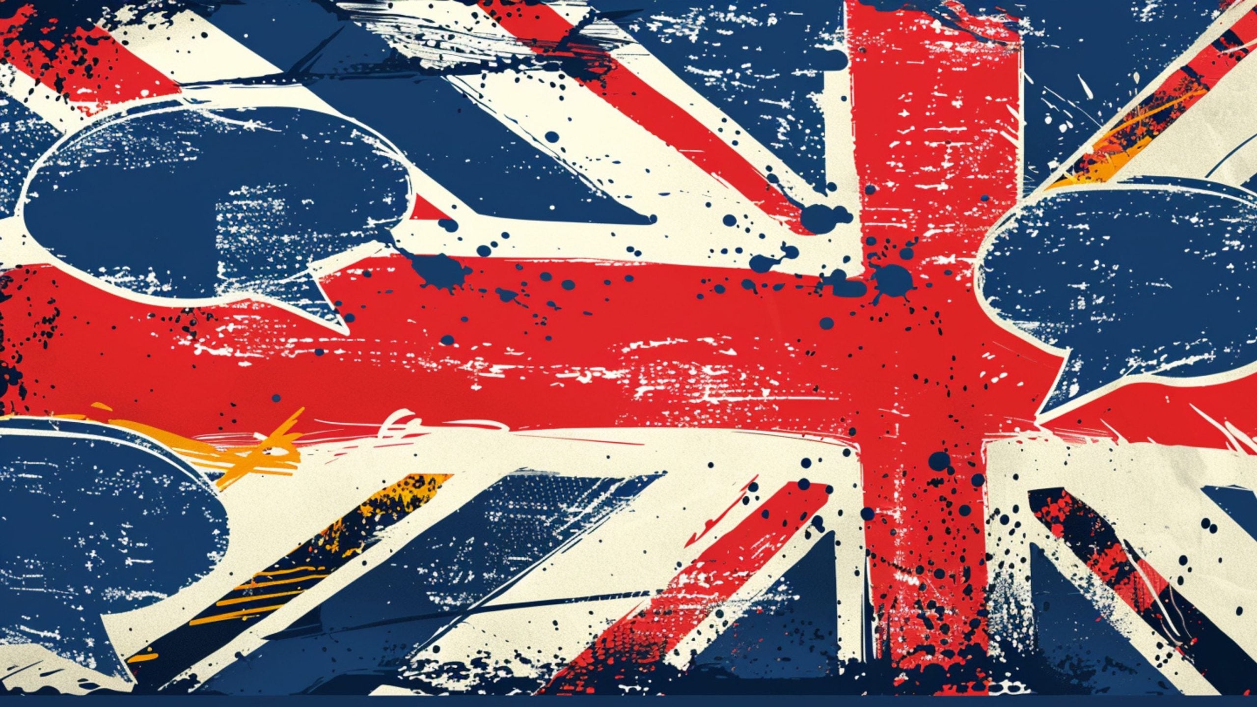 Grungy, distressed UK Union Jack flag with three dark blue speech bubbles and paint splatters overlaying the design.