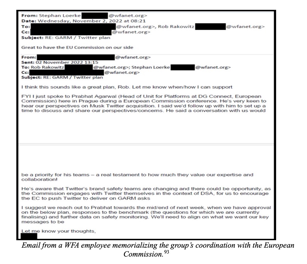 Screenshot of an email exchange dated November 2, 2022, discussing coordination between WFA employees and the European Commission about the Twitter acquisition by Musk and related safety monitoring plans, with several email addresses redacted for privacy.