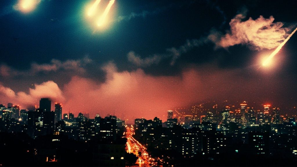 Nighttime cityscape with tall buildings and streets illuminated by orange lights, smoke or fog rising over the city, and fiery streaks of light descending from the sky, resembling meteors or fireworks.