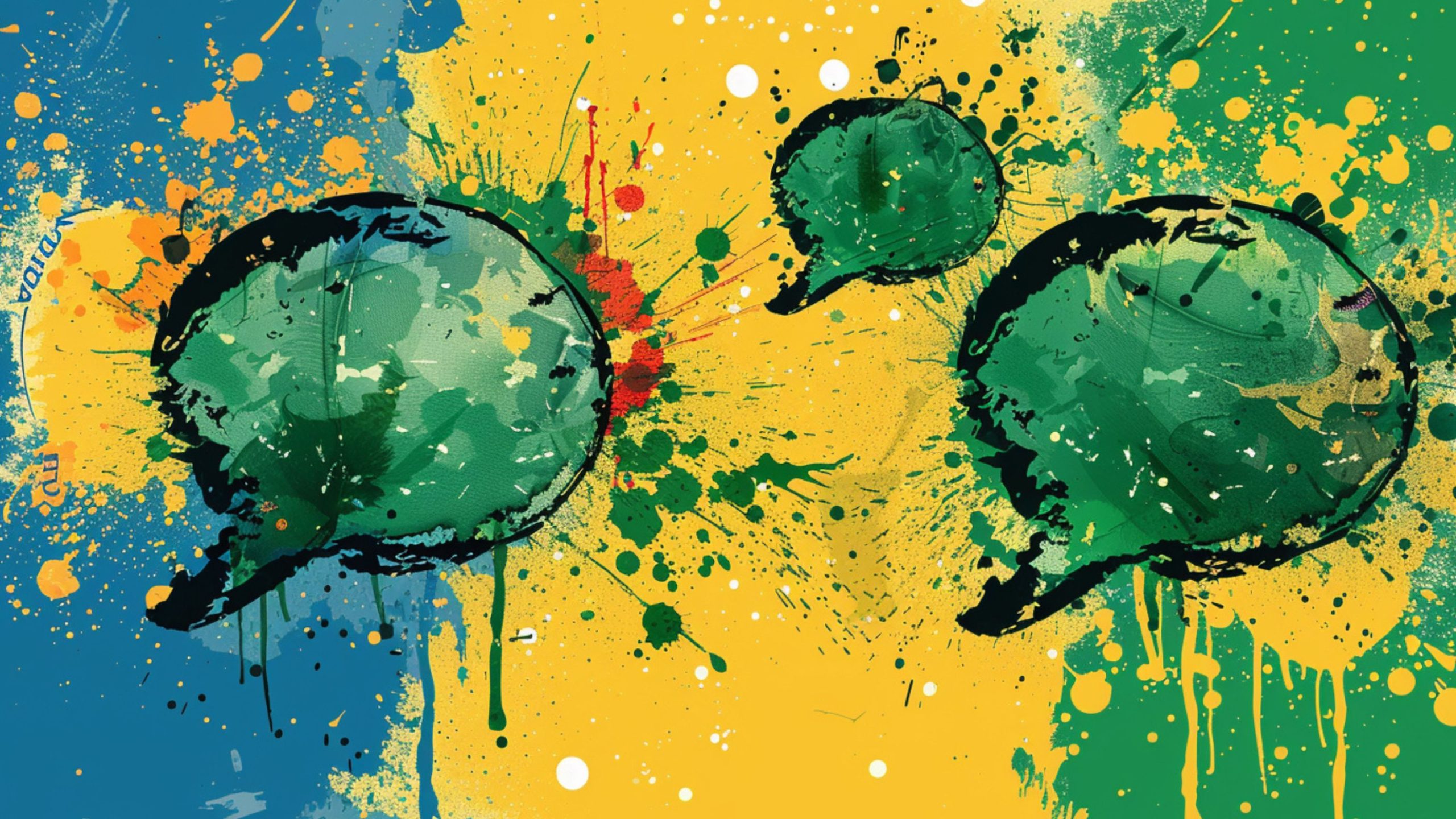 Abstract colorful splatter painting with three large green speech bubbles outlined in black, set against a vibrant background of yellow, green, blue, and red splashes and drips.