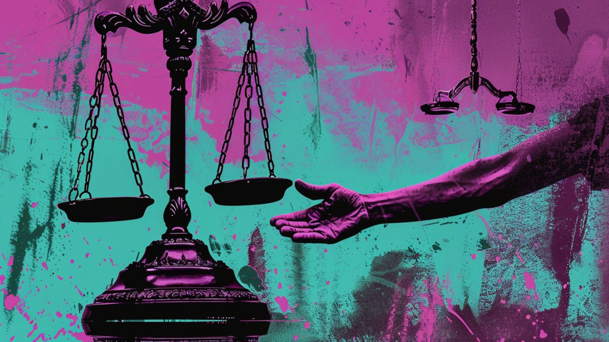 A purple-toned outstretched human arm reaching toward a large, ornate black scale against a splattered teal and purple abstract background with a smaller scale suspended in the distance.