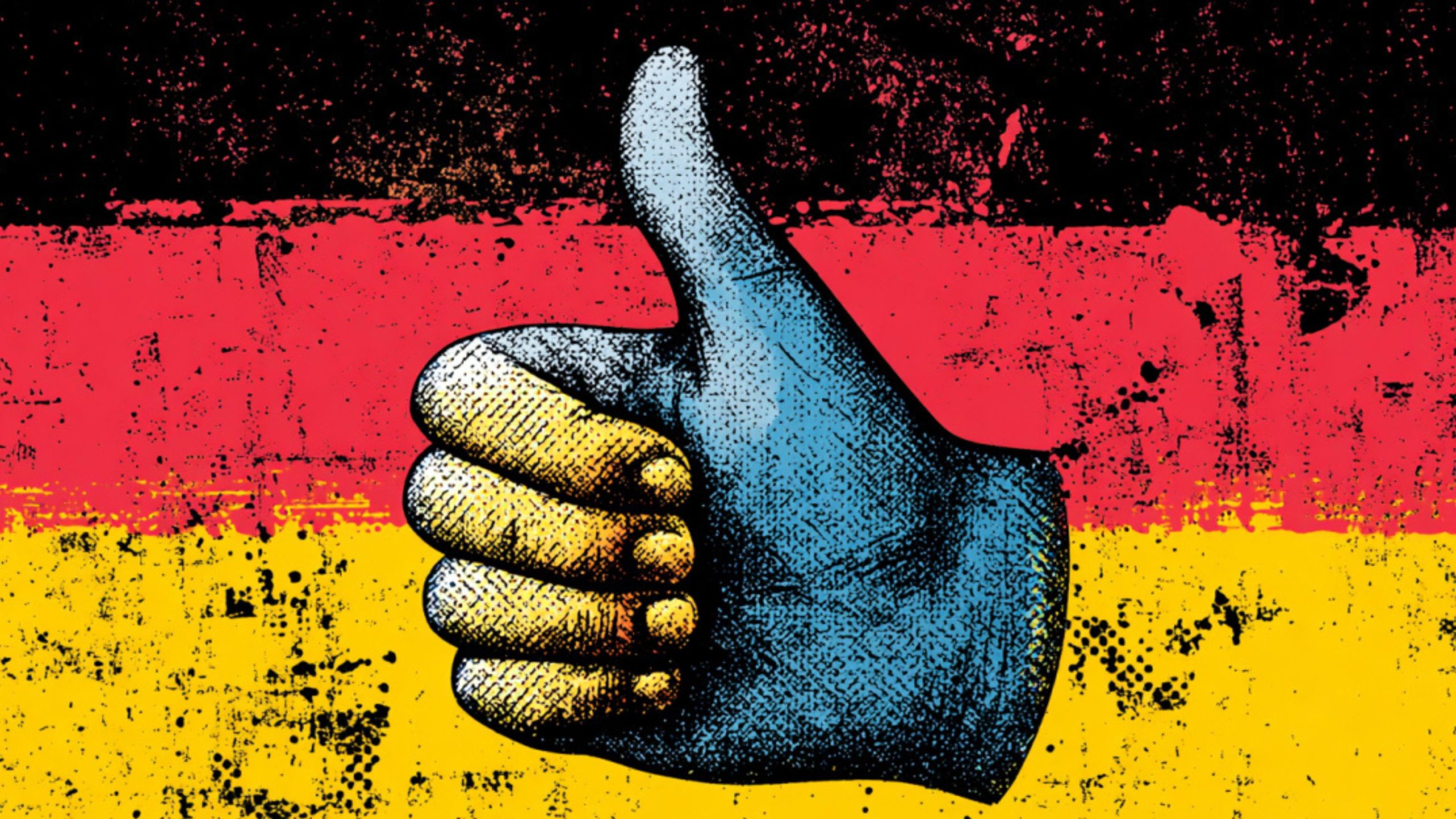 Illustration of a hand showing a thumbs-up gesture colored in blue and yellow against a grunge background of the German flag in black, red, and yellow.