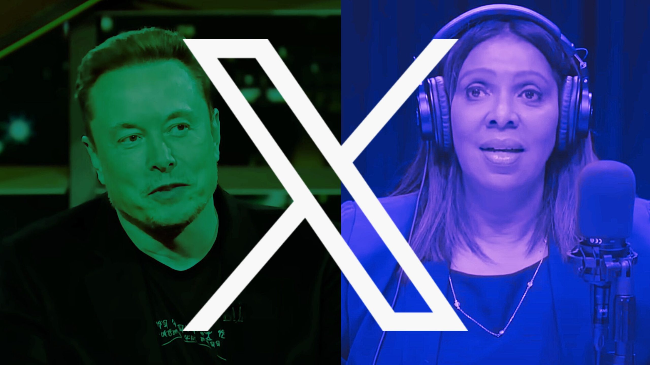 Split-screen image featuring Elon Musk in dark clothing on the left with green lighting and Letitia James wearing headphones and speaking into a microphone on the right with blue lighting, overlaid by a large white stylized X graphic.
