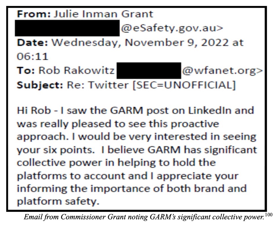 Partial email from Julie Inman Grant to Rob Rakowitz dated November 9, 2022, expressing interest in GARM's collective power to hold platforms accountable and emphasizing the importance of brand and platform safety, with email addresses partially redacted.