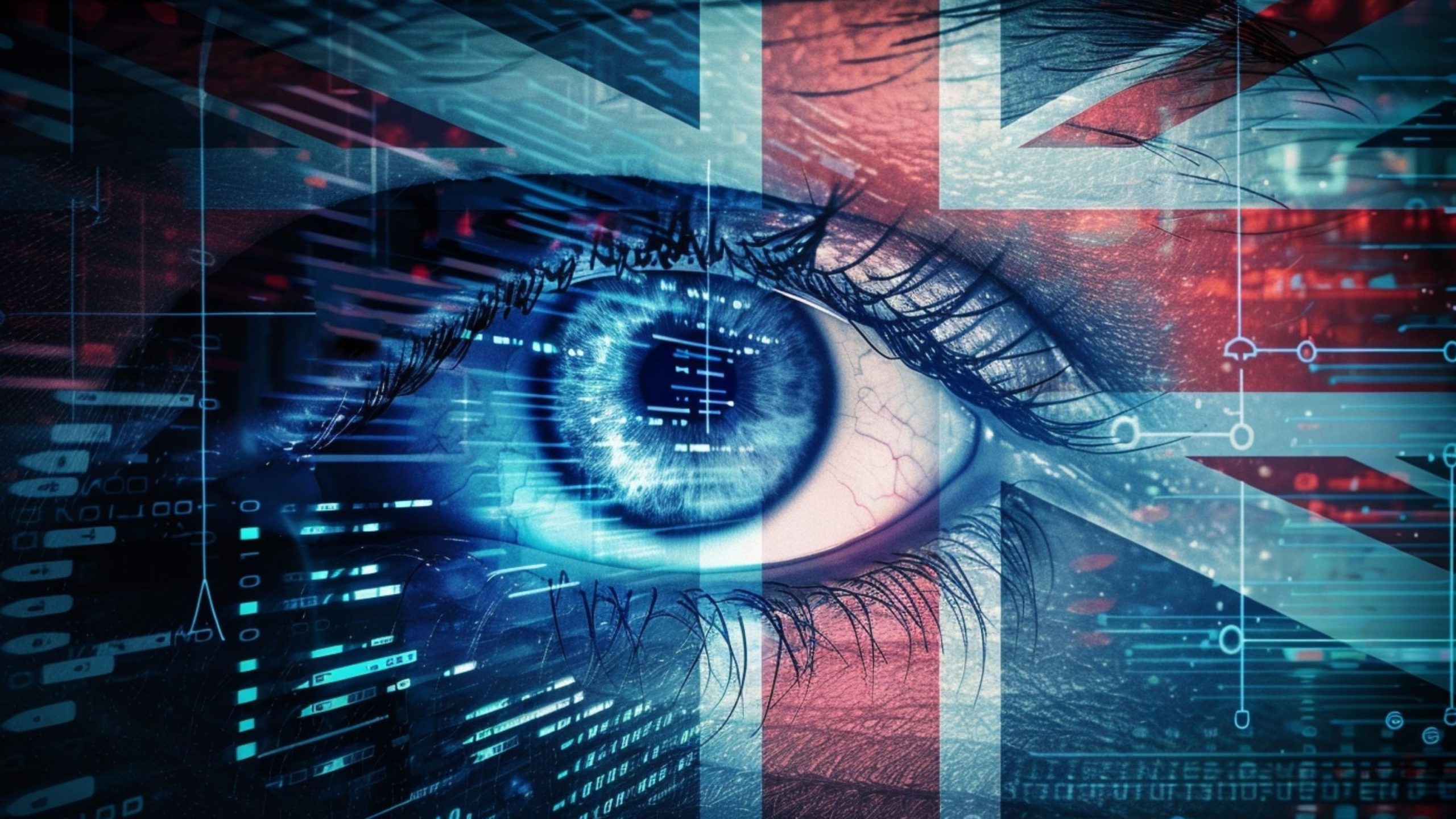 Close-up of a blue eye overlaid with digital data elements and the British flag, symbolizing cybersecurity or technology in the UK.