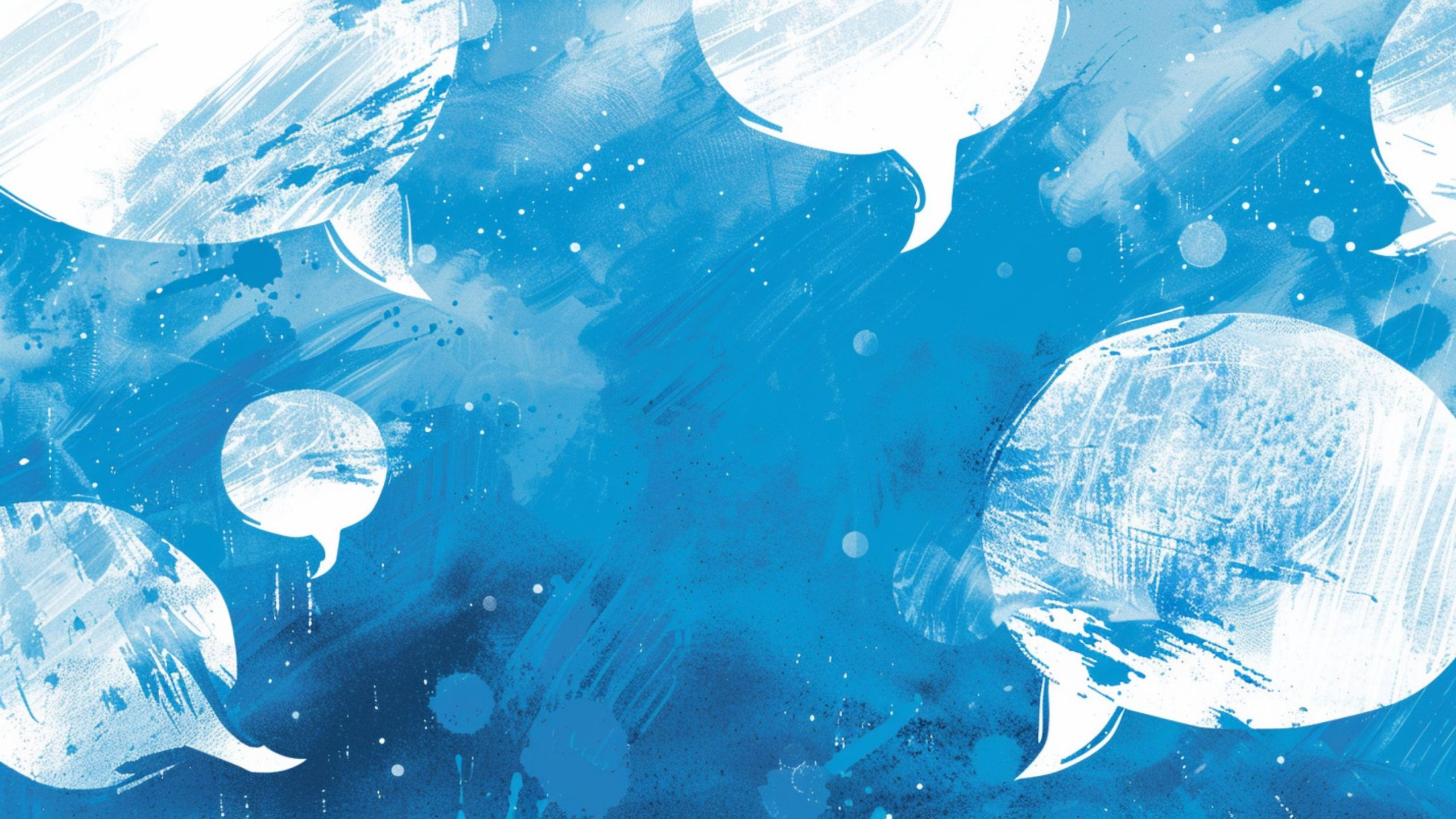 Abstract blue background with white speech bubbles of various sizes and textured brush strokes scattered across the image.