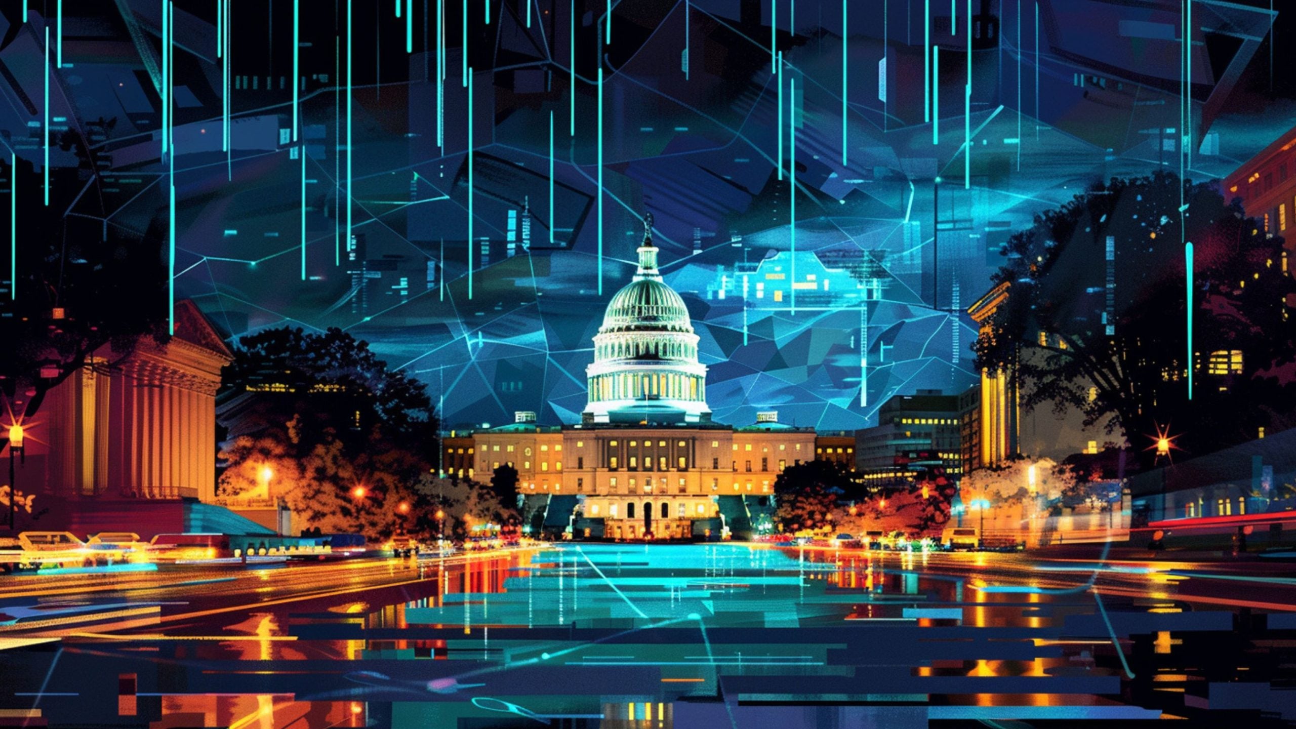 Digital artwork of the United States Capitol building at night with abstract blue lines and geometric shapes overlaying the sky and reflecting on the water below, creating a futuristic atmosphere.