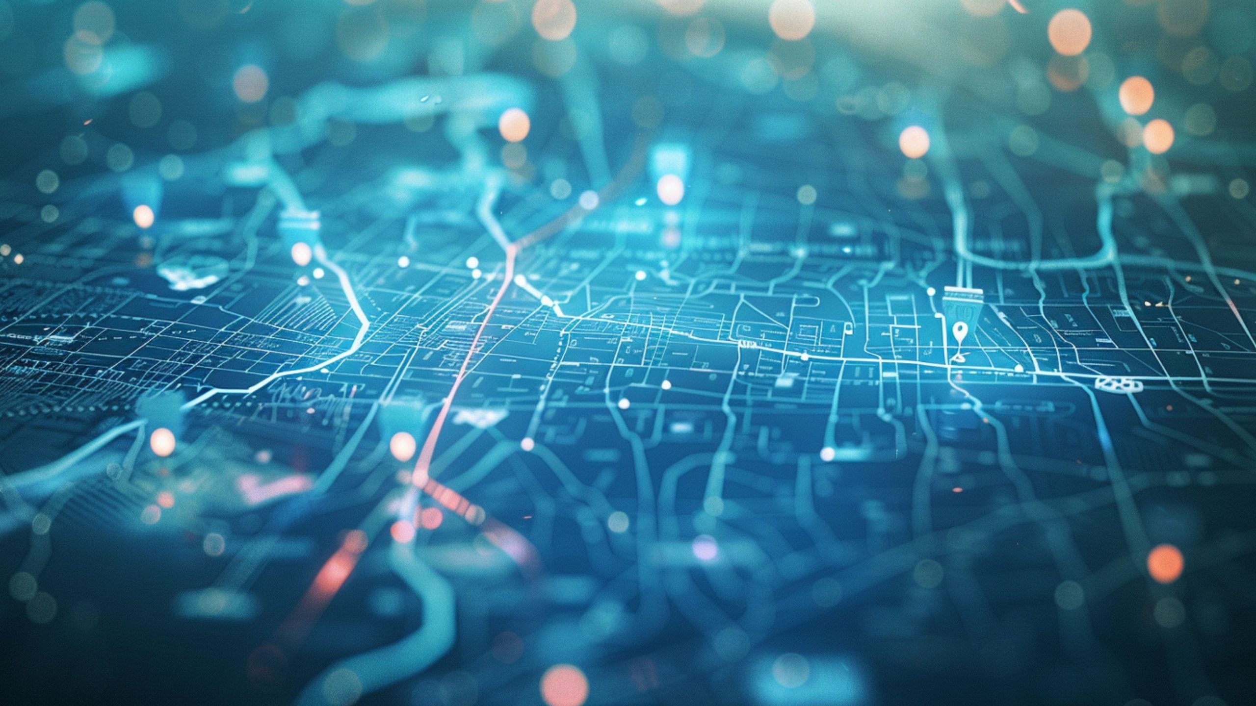 Blurry blue digital map with glowing routes, pins, and scattered light orbs, suggesting a futuristic or high-tech navigation system.