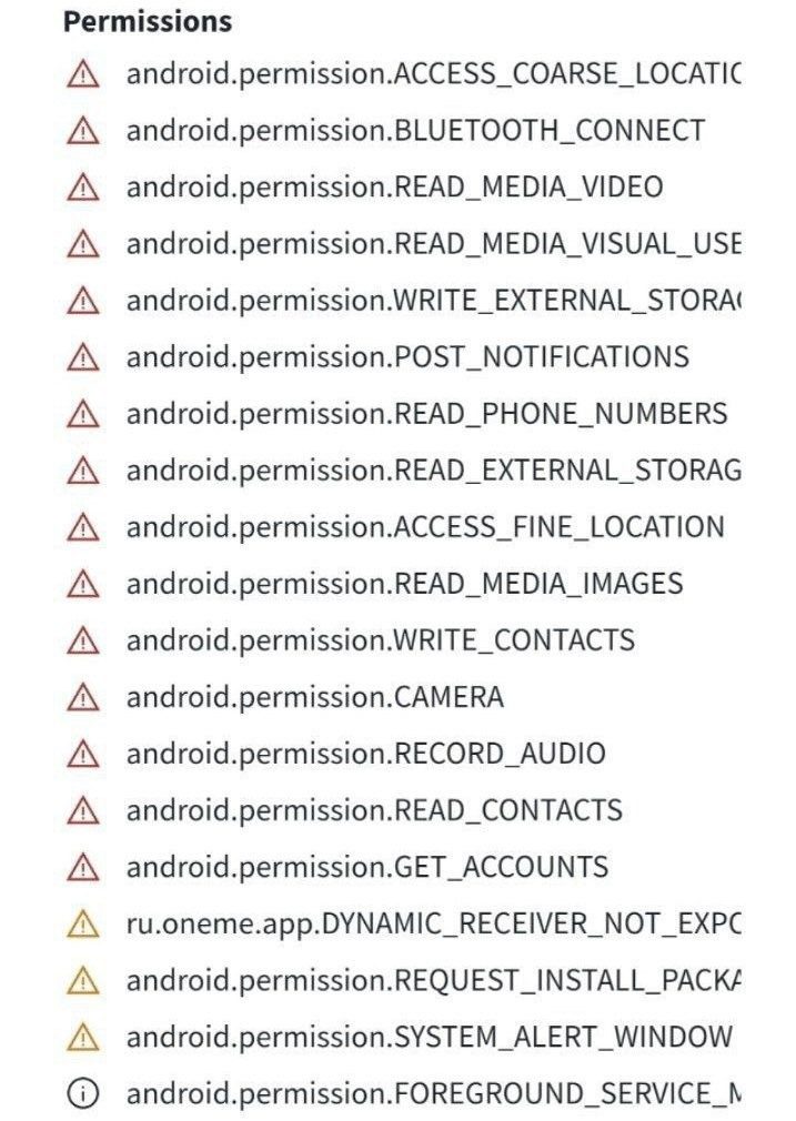 List of Android app permissions with warning, caution, and information icons including ACCESS_COARSE_LOCATION, BLUETOOTH_CONNECT, READ_MEDIA_VIDEO, WRITE_EXTERNAL_STORAGE, POST_NOTIFICATIONS, CAMERA, RECORD_AUDIO, READ_CONTACTS, GET_ACCOUNTS, SYSTEM_ALERT_WINDOW, and others.