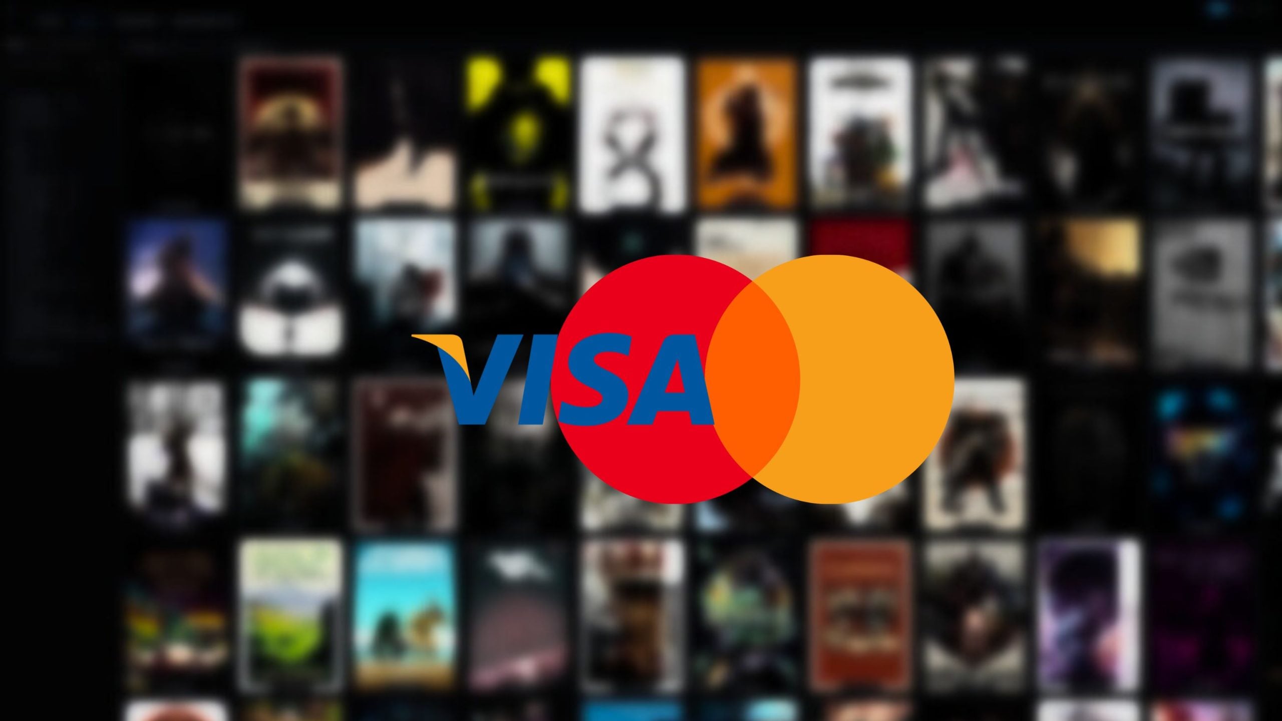 Overlay of the VISA and Mastercard logos, with VISA's text partially over two overlapping circles colored red and orange, displayed against a blurred background of various images or posters.