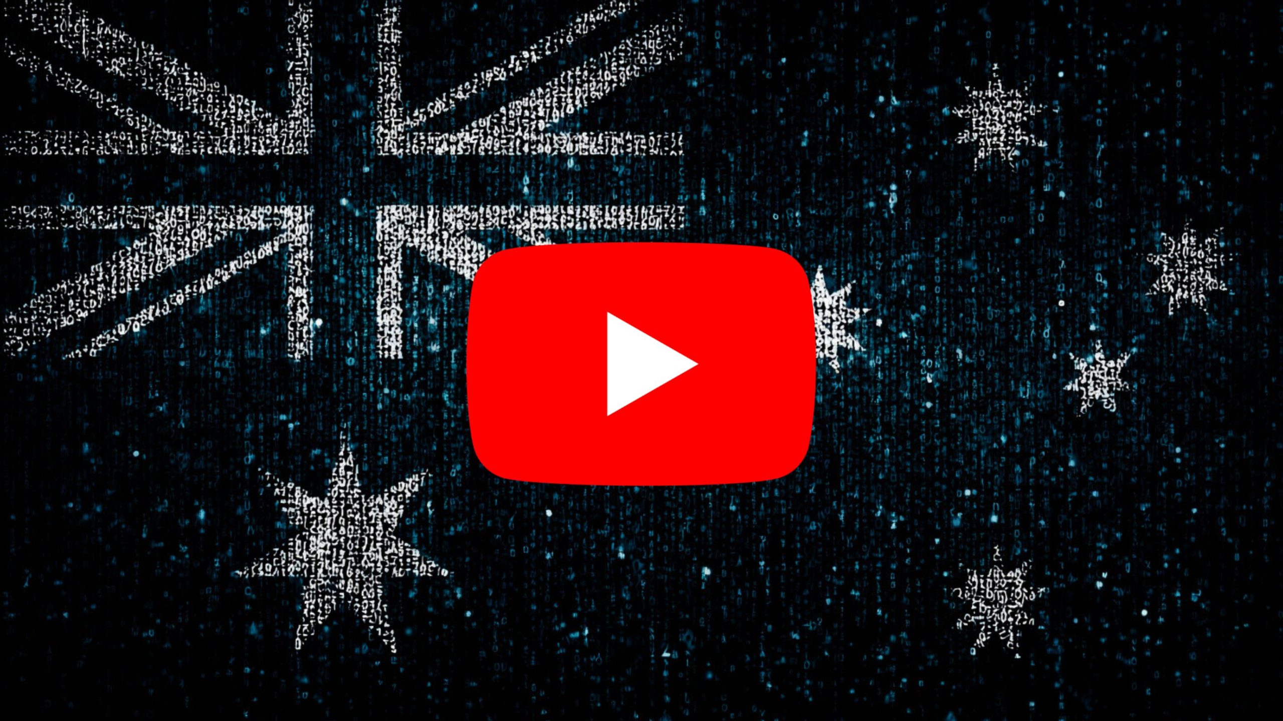 Digital Australian flag with white stars made of binary code on a dark blue background, overlaid by a large red YouTube play button in the center
