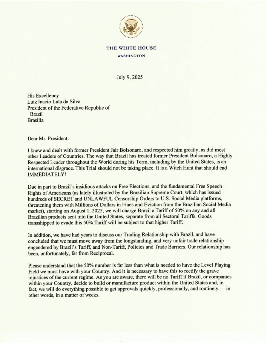 A formal letter dated July 9, 2025, from The White House addressed to His Excellency Luiz Inacio Lula da Silva, President of the Federative Republic of Brazil, discussing opposition to the trial of former President Jair Bolsonaro and announcing a 50% tariff on Brazilian products entering the United States due to alleged unfair trade practices and censorship issues, with a note on efforts to ease trade restrictions if Brazil changes certain policies.