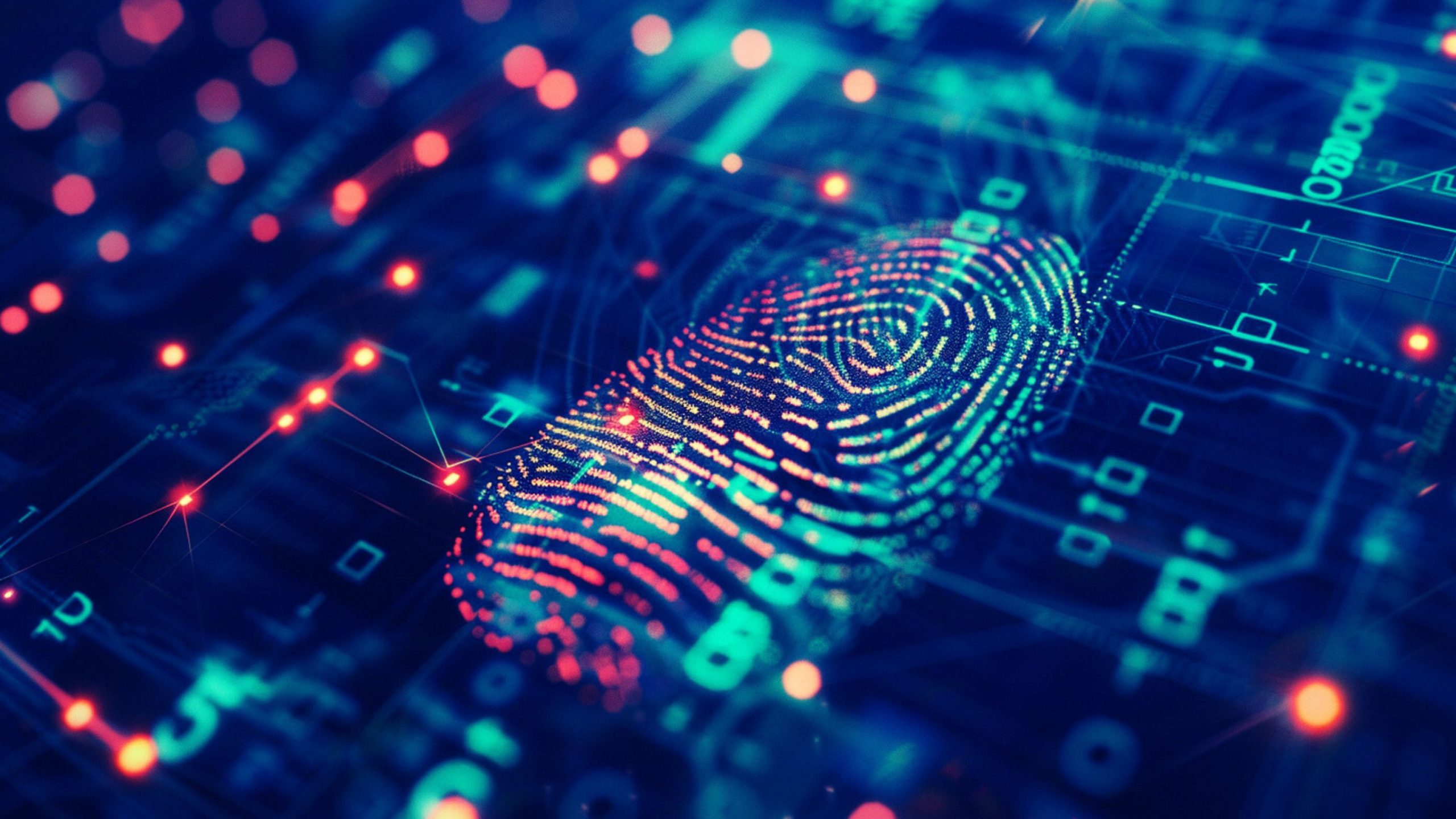 Digital fingerprint visualization in neon colors on a blue circuit board background with glowing red and turquoise points representing data connections.