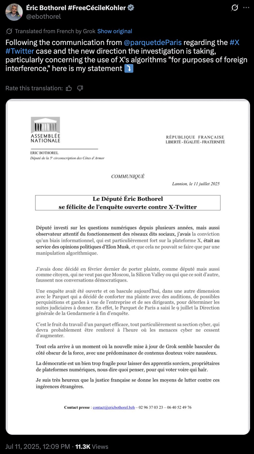 Official statement from Éric Bothorel, French National Assembly deputy, dated July 11, 2025, expressing support for an investigation into X-Twitter concerning foreign interference and algorithmic manipulation, mentioning the Paris Prosecutor's Office involvement and recent developments by Grok's update impacting content quality.