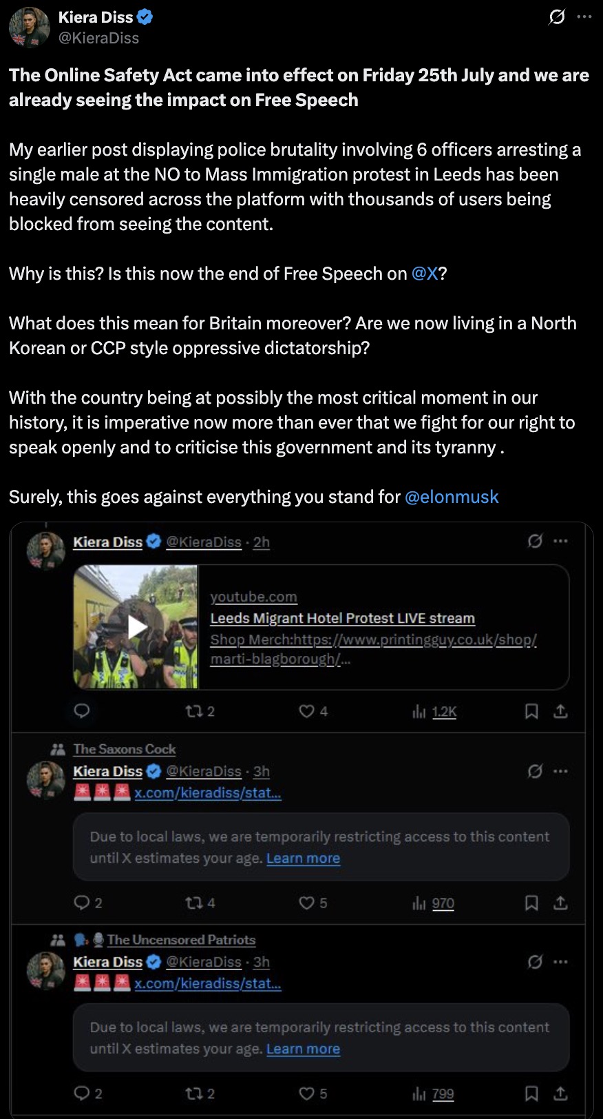 Screenshot of a social media post by Kiera Diss discussing the Online Safety Act's impact on free speech, highlighting censorship of a post showing police arresting a man at a protest in Leeds, questioning if this signals the end of free speech on the platform and expressing concern about government oppression. Included are smaller embedded screenshots of restricted posts with messages stating access is temporarily limited due to local laws until the platform estimates the user's age.