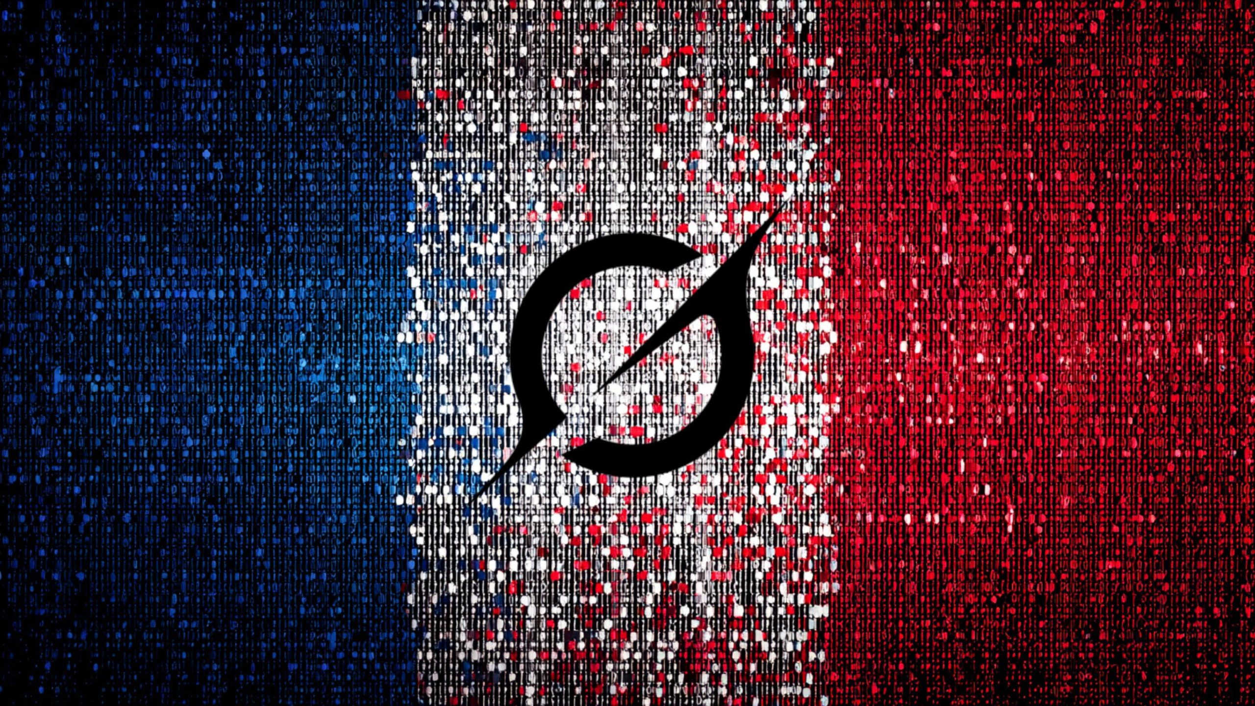 Digital representation of the French flag in blue, white, and red vertical stripes with a black circular symbol with a diagonal line through it in the center, composed of scattered square pixels overlaid with vertical lines of binary code.