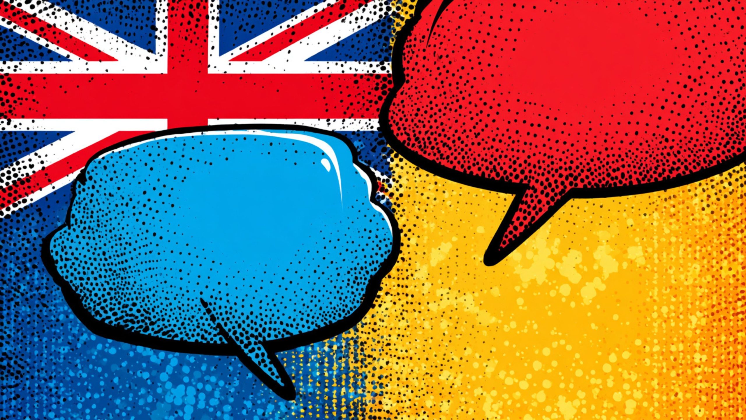 Two comic-style speech bubbles, one blue and one red, placed over a background split between the UK flag on the left and a yellow textured pattern on the right.