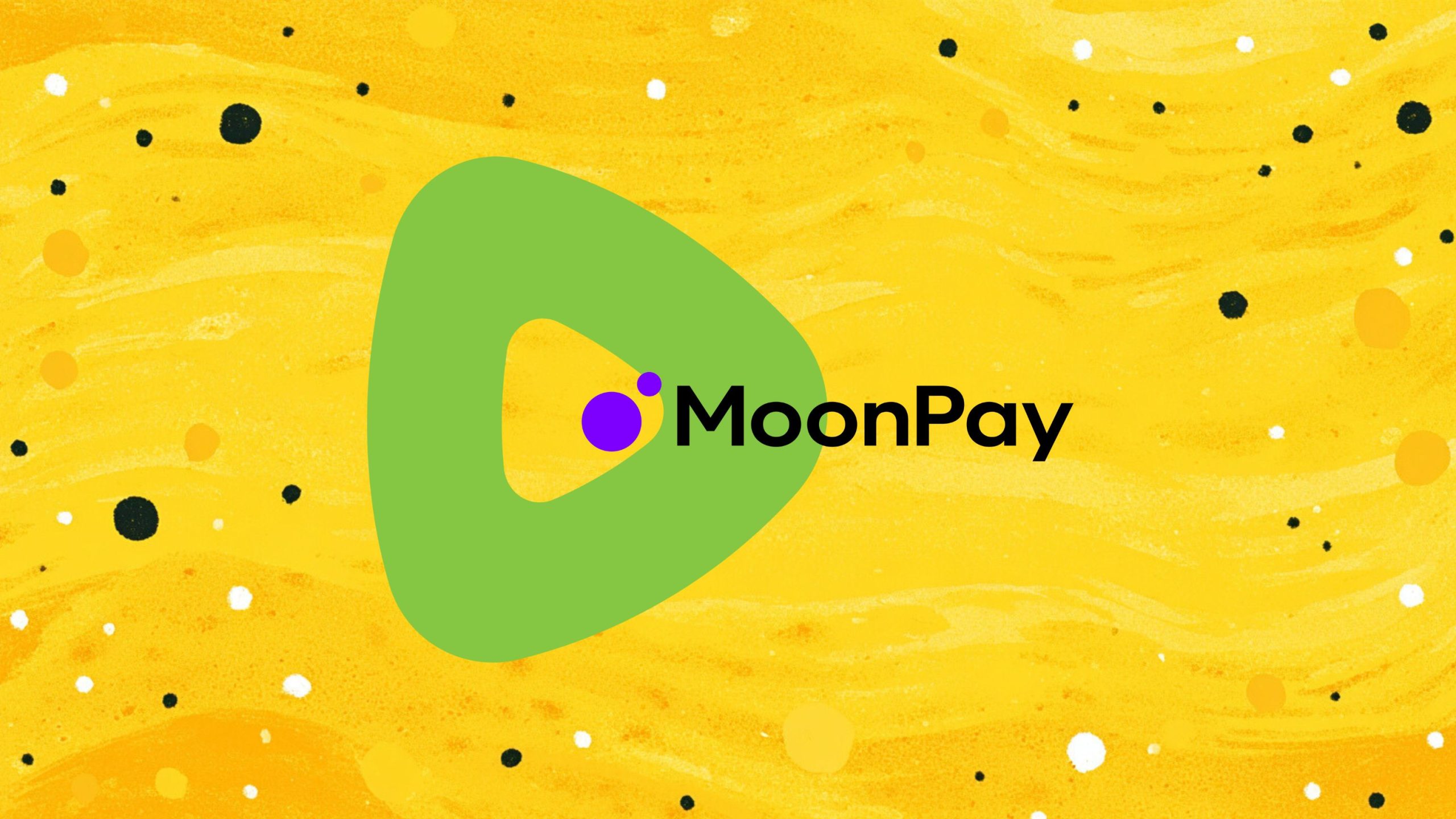 MoonPay logo with a large green triangular shape and two purple circles on a yellow background with black and white spots