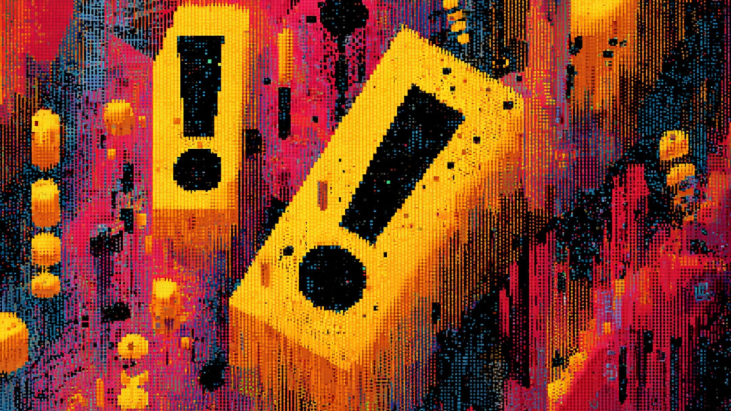 3D pixelated yellow blocks with black exclamation marks on a dynamic red, orange, and blue pixelated background, resembling a digital or retro video game style warning sign.