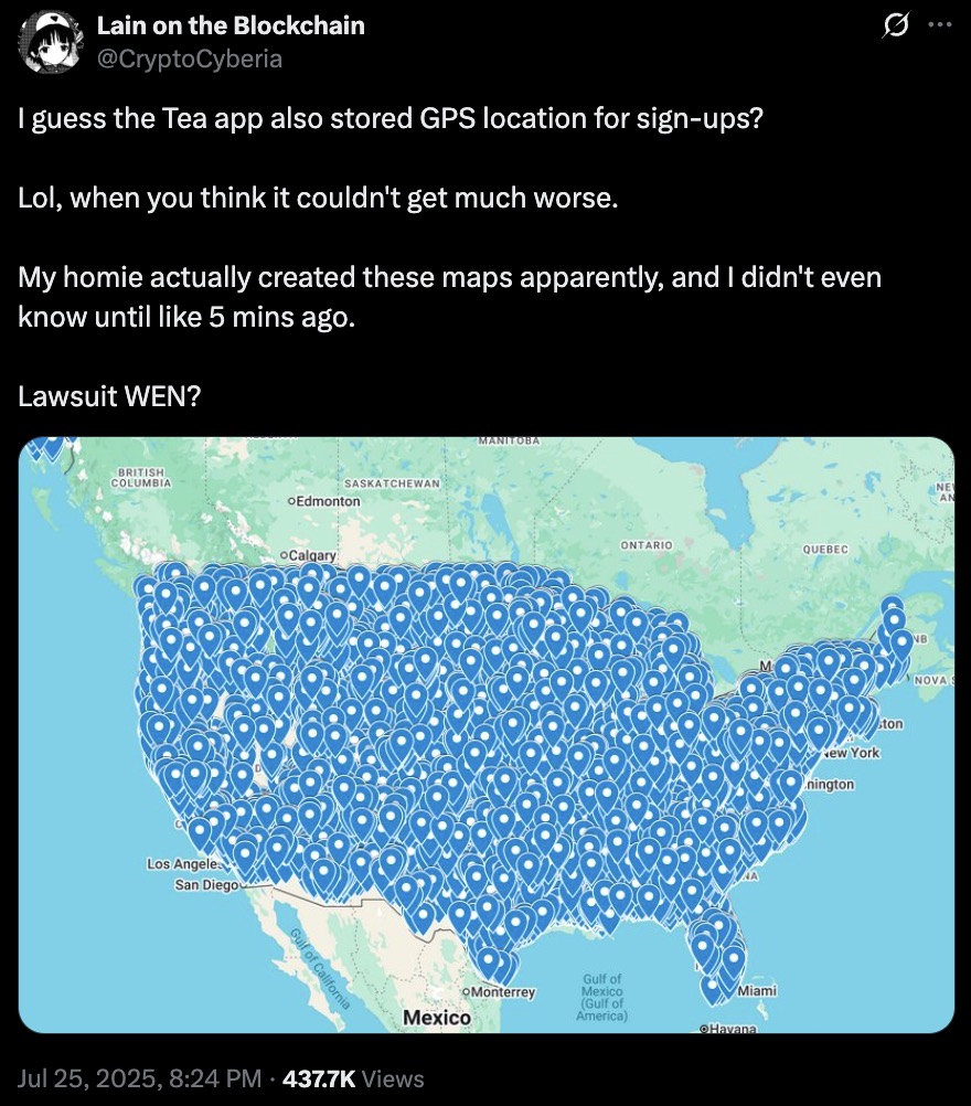 Twitter post discussing the Tea app storing GPS locations for sign-ups, accompanied by a map of the United States densely covered with blue location pins indicating numerous GPS points across the country.