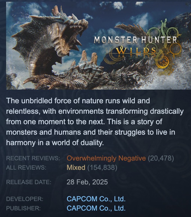 Promotional image of Monster Hunter Wilds featuring a large, detailed dragon-like monster with its mouth open against a cloudy sky, accompanied by game description and review ratings on a dark background