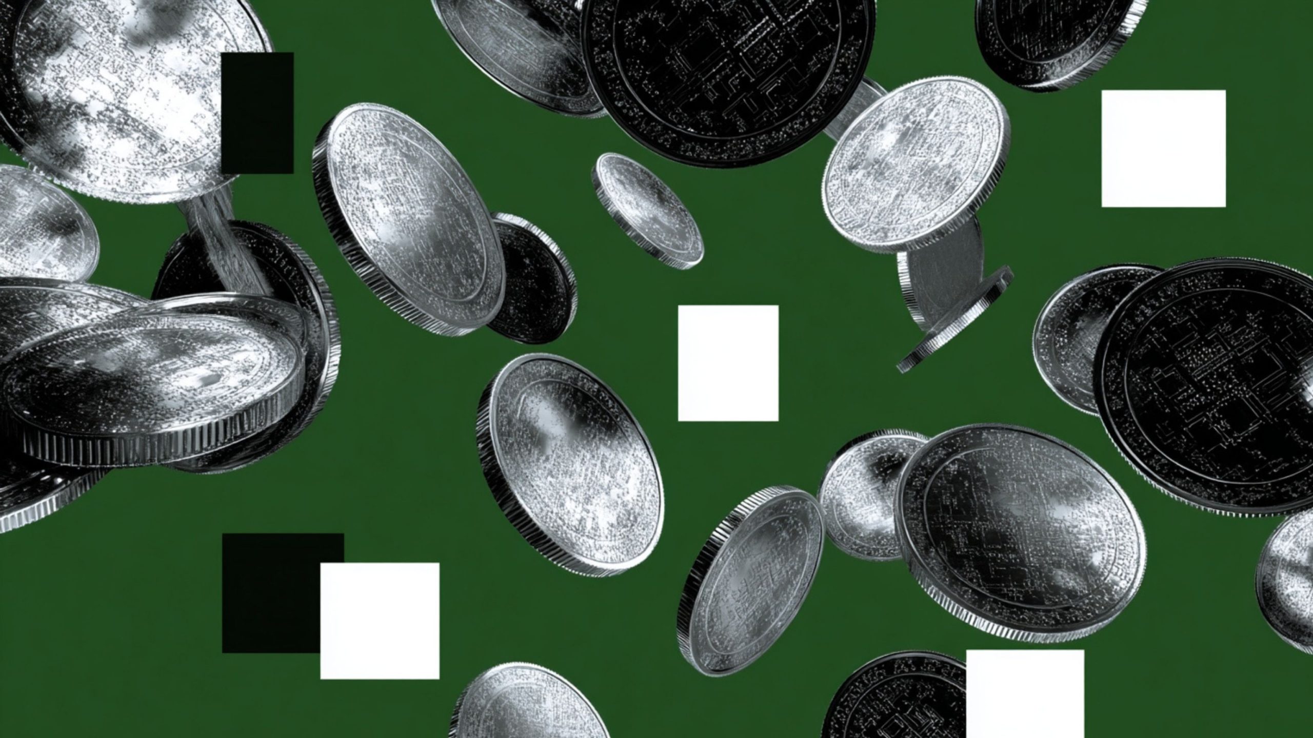 Silver and black coins floating against a dark green background with scattered black and white squares.