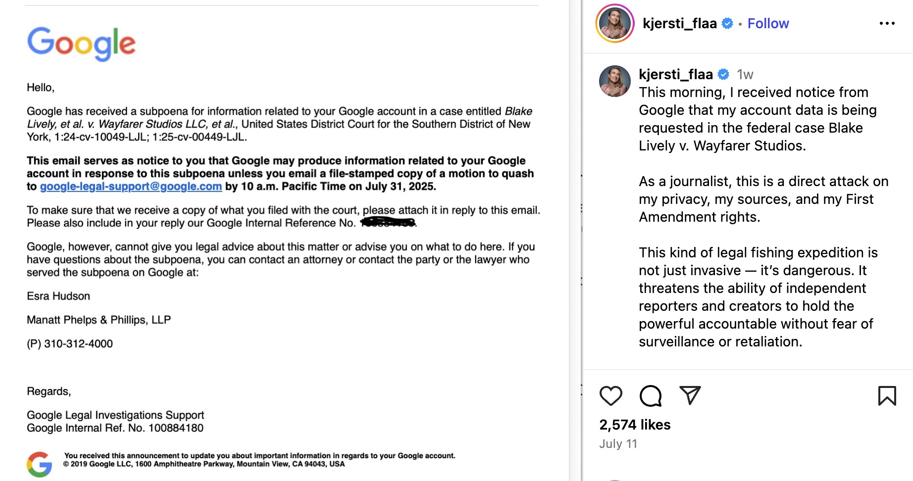 Screenshot of an Instagram post by user kjersti_flaa with a verified badge, describing receiving a notice from Google about federal case Blake Lively v. Wayfarer Studios requesting her account data, expressing concern about privacy and First Amendment rights, alongside an attached official-looking Google email about a subpoena for information related to her Google account in the same case, including legal contact details and instructions for response.