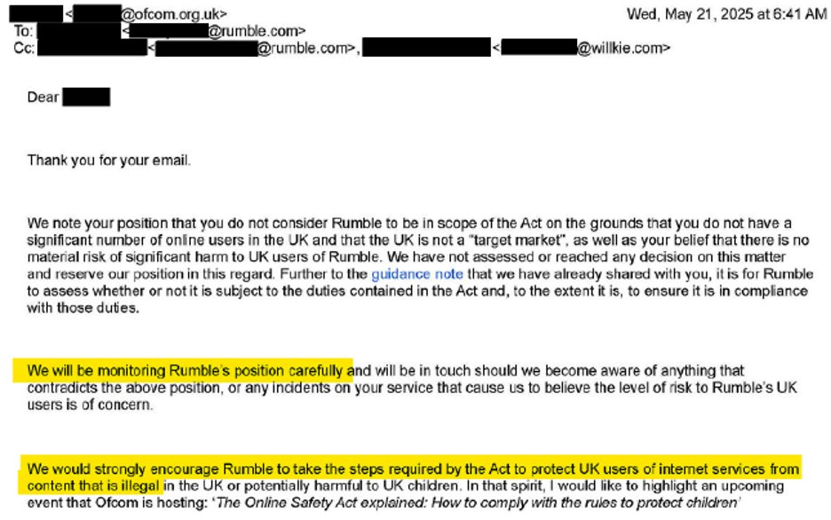 Screenshot of an email dated Wednesday, May 21, 2025, at 6:41 AM, from an Ofcom address, discussing monitoring Rumble's position and encouraging compliance with the Act to protect UK internet users from illegal content, with two highlighted sections emphasizing monitoring Rumble's position carefully and encouraging steps to protect UK users of internet services from illegal content.