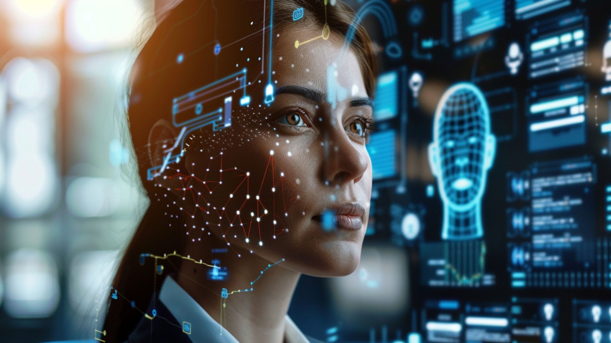 Close-up of a woman's face with digital biometric and facial recognition graphics overlaid, featuring data points, a wireframe head model, and a futuristic blue interface in the background.