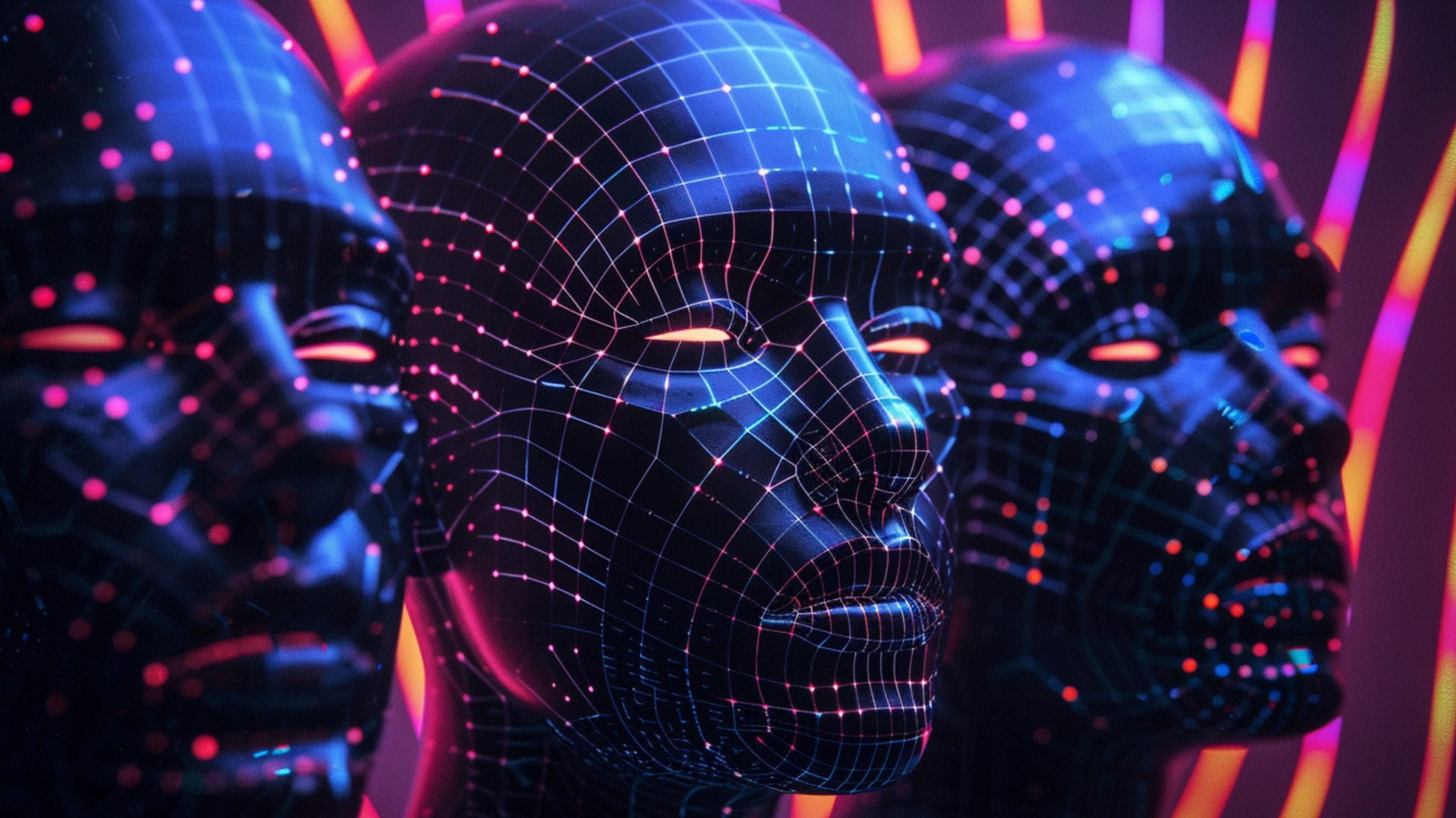 Three futuristic human heads with blue grid patterns and glowing orange eyes, set against a dark background with neon light streaks.